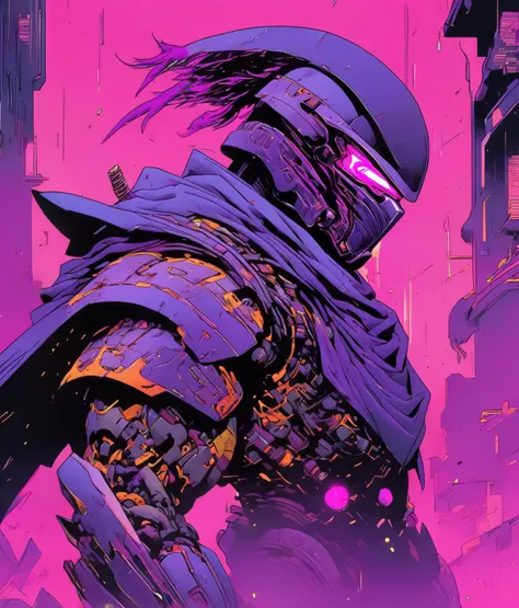 Masterpiece, colorful illustration of a (Cyberpunk [Cyborg|Shredder] ), kabuto helmet, ((cyberwear)), (wearing purple cape over flashy cyberpunk armor), dynamic angle, [Bold|Bright] colors, 90s cyberpunk artwork, dynamic composition  <lora:cyberpunk_xl_v1:0.8>