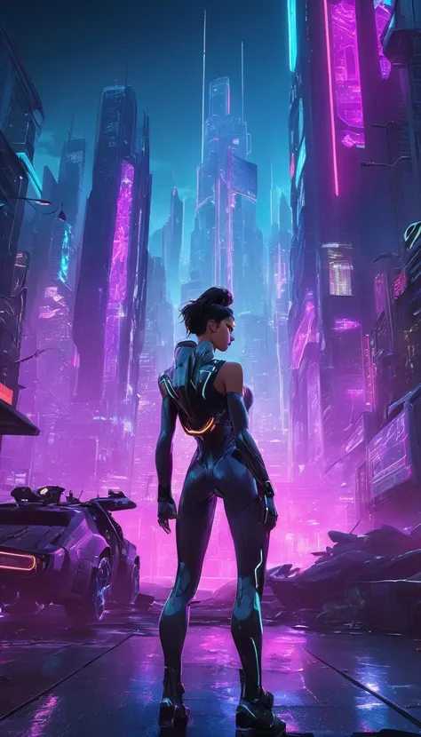 three-dimensional. The cinematic lighting, with its dramatic interplay of shadows and highlights, further enhances the intensity of the scene. The background showcases a sprawling metropolis, towering skyscrapers reaching towards the heavens, while neon lights illuminate the city streets below. The level of detail is astonishing, with each building meticulously rendered, and every window reflecting the glow of the city lights. Taki herself stands at the forefront of the image, a beacon of power and strength amidst the chaos. Her body is lean and athletic, her muscular physique a testament to years of intense training. The tight-fitting bodysuit she wears accentuates her curves and contours, hugging her form like a second skin. Every muscle and sinew is impeccably defined, from