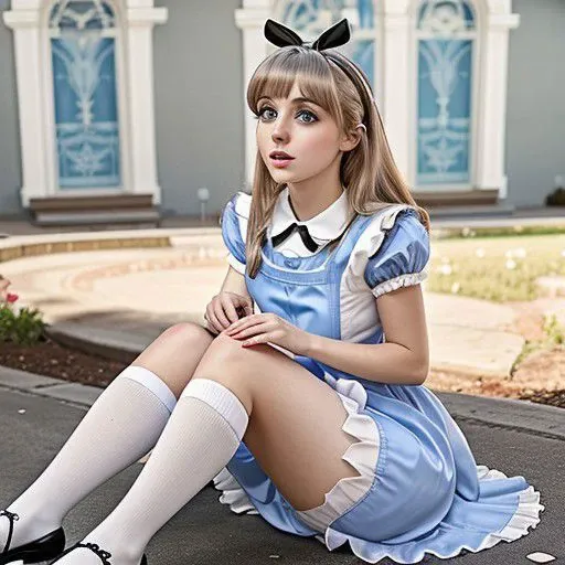 E girl, Adult woman, 20 year old, solo, high quality,aliceinwonderlandoutfit, Alice in wonderland, DisneyAlice, full body, bleach blond hair, straight bangs, concave bangs, brown eyebrows, thick eye brows, gray eyes, medium breasts, blue dress, puffy sleeves, white collar, white apron, black headband, black hair bow, white thigh highs, black loafers, sitting on ground,semi-traditional artstyle,film grain