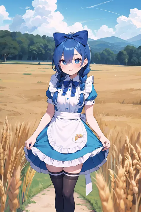 best quality, ultra-detailed, (1girl, solo,<lyco:alice_in_wonderland_outfit-v1:1>,aliceinwonderlandoutfit, big blue hair bow, waist apron ,white thighhighs, , hair over one eye, pupils sparkling,braided hair, ), in a wheat field