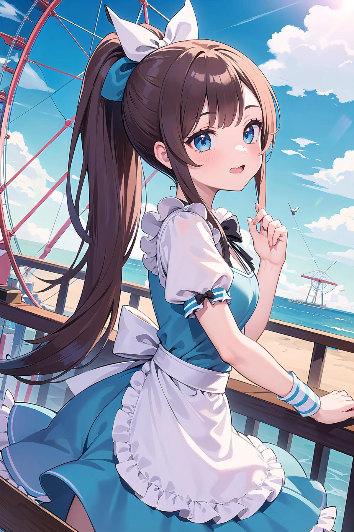 best quality, ultra-detailed, (1girl, solo,<lyco:alice_in_wonderland_outfit-v1:1>,aliceinwonderlandoutfit, , hair_pulled_back, whiskers,ponytail hair, on a ferris wheel)