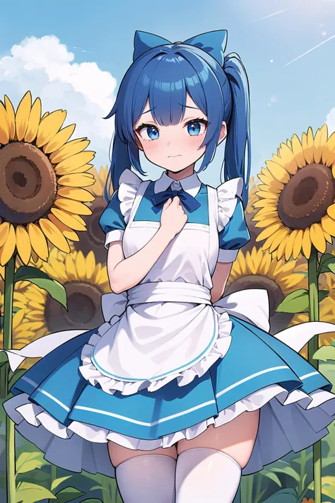 best quality, ultra-detailed, (1girl, solo,<lyco:alice_in_wonderland_outfit-v1:1>,aliceinwonderlandoutfit, big blue hair bow, waist apron ,white thighhighs, , hair_pulled_back, very shy face,tri tails hair, ), in a sunflower meadow