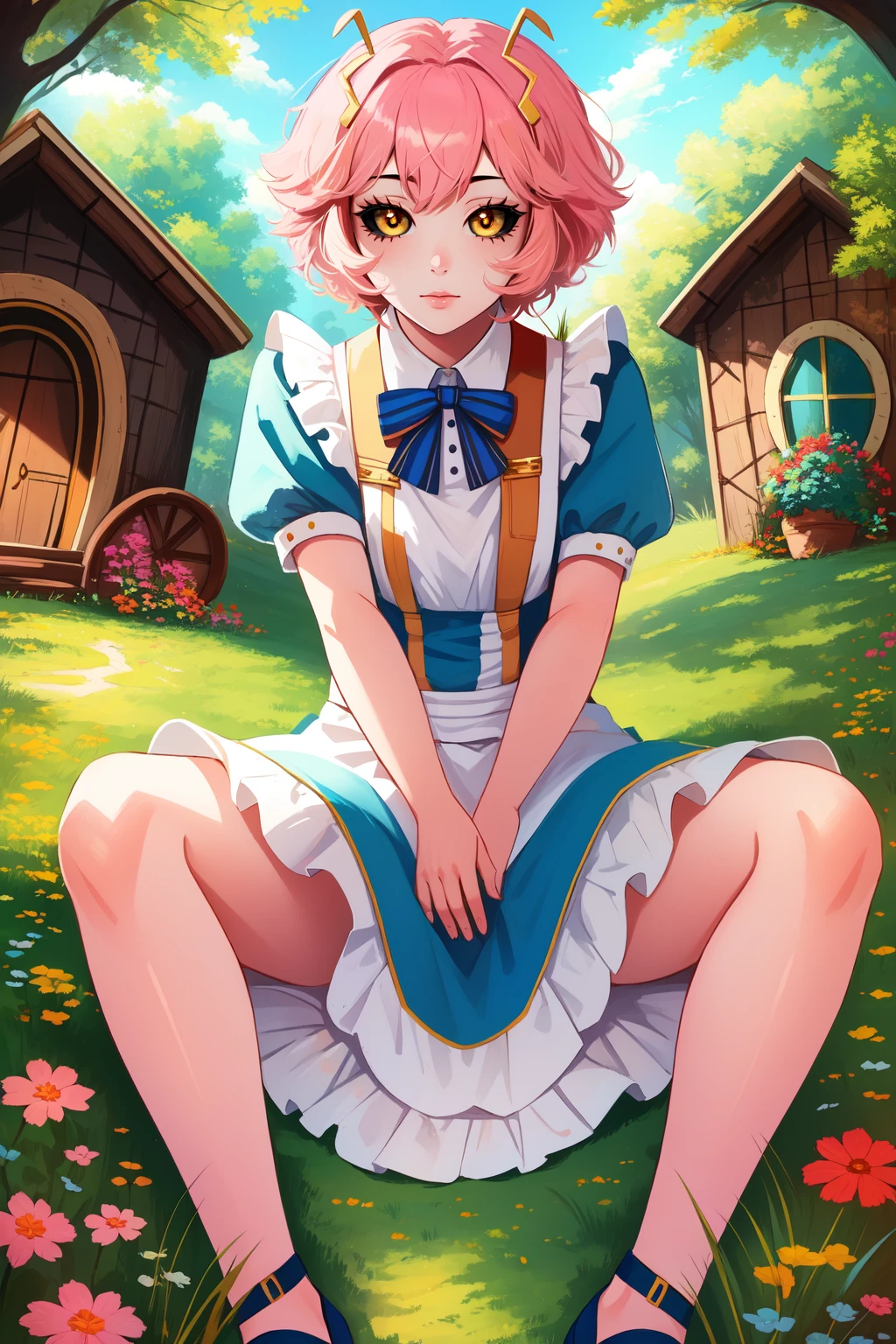 (masterpiece, best quality), intricate details,
1girl, <lora:ashido_mina-10:0.8> ashido_mina, colored skin, pink skin, colored sclera, black sclera,
<lora:alice_in_wonderland_outfit-v1:0.8> aliceinwonderlandoutfit, fantasy, outdoors, grass, hobbit house,