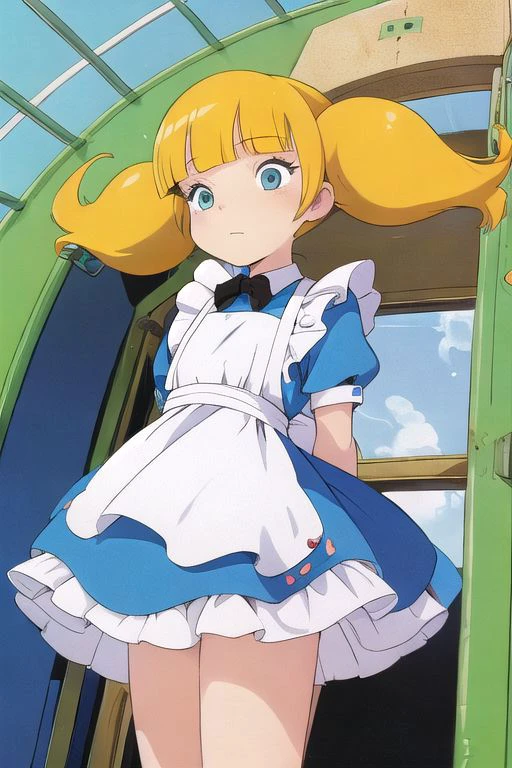 masterpiece, best quality, 1girl, penny, blonde hair, twintails, blunt bangs, flat chest, from below, <lora:Penny:1>, hands behind back, <lyco:alice_in_wonderland_outfit-v1:1>,aliceinwonderlandoutfit, tunnel background