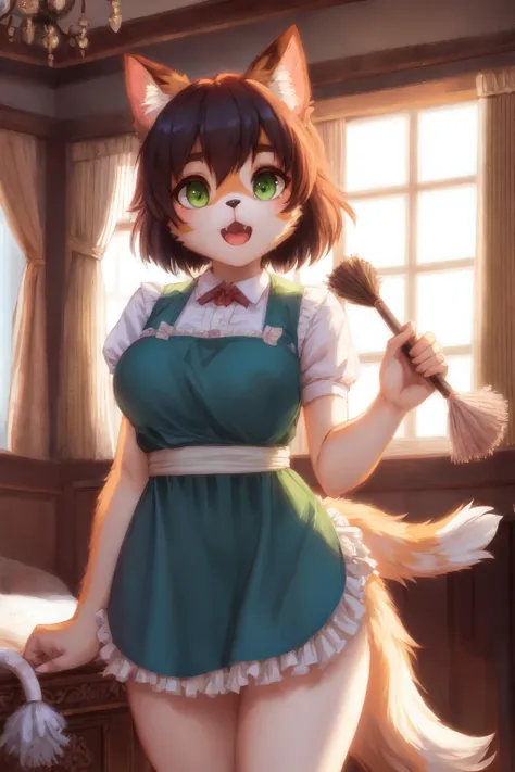 anthro cat, medium boobs, (ultra detailed calico fur), green eyes, looking at viewer, short hair, (detailed fluffy hair), cat tail,
 (red:1.3) aliceinwonderlandoutfit, waist apron, bedroom, mouth open, eyes wide open, (surprised:1.2), (feather duster in hand:1.2),
(masterpiece:1.2), (highly detailed:1.2), (intricate:1.2), (best quality:1.2),(8k:1.2),
cinematic light, vivid colors <lora:alice_in_wonderland_outfit-base-anylora-v1-1-1-000019_1_BiiIiMoOOo_WOF:1>,
detailed manor indoor background