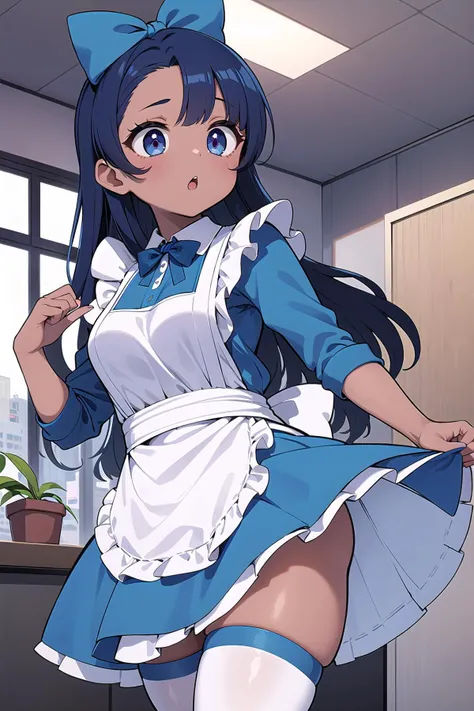best quality, ultra-detailed, (1girl, solo,<lyco:alice_in_wonderland_outfit-v1:1>,aliceinwonderlandoutfit, big blue hair bow, waist apron ,white thighhighs, dark skin , hair pulled back, :o,payot hair, ), in an office cubicle