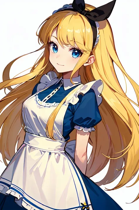 ultra detailed, masterpiece, best quality, solo, light smile, 
1girl, blue eyes, (very long hair, blonde hair, long blonde hair:1.3), french braid, bangs, medium breasts, 
 <lora:alice_in_wonderland_outfit-base-anylora-v1-1-1-000019_1_BiiIiMoOOo_WOF:1> aliceinwonderlandoutfit