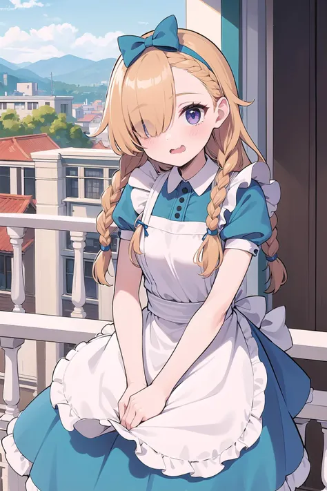 best quality, ultra-detailed, (1girl, solo,<lyco:alice_in_wonderland_outfit-v1:1>,aliceinwonderlandoutfit, , hair over one eye, wavy mouth,tri braids, on a balcony)