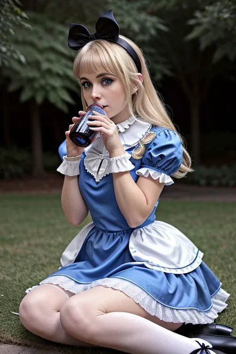 Alice taking a sip from a small bottle, sipping, small bottle, mature female, Adult woman, sexy, 30 year old, solo, high quality,aliceinwonderlandoutfit, Alice in wonderland, DisneyAlice, full body, bleach blond hair, straight bangs, concave bangs, brown eyebrows, thick eye brows, gray eyes, medium breasts, blue dress, puffy sleeves, white collar, white apron, black headband, black hair bow, white thigh highs, black loafers, sitting on ground,film grain, vivid colors