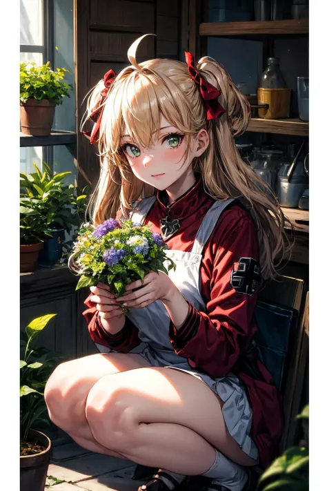 (masterpiece), best quality, (((ultra detailed, 8k quality))), expressive eyes, perfect face, perfect anatomy, perfect body, scene, <lora:scene_:0.7>, <lora:more_details:0.7>, <lora:beautiful_detailed_eyes:0.5>, <lora:GoodHands-beta2:0.7>,1girl, bangs, blinds, blonde hair, bouquet, breasts, flower, flower pot, green eyes, hair between eyes, hair ribbon, holding, holding bouquet, holding flower, indoors, jacket, long hair, looking at viewer, one side up, plant, potted plant, purple flower, red jacket, ribbon, smile, solo, vase, watering can, cross, hair_between_eyes, ahoge, bangs, two_side_up, green_eyes, long_hair, blonde_hair, iron_cross, mole, mole_under_eye, small_breasts, , squat, gardener apron, , , upper body <lora:Admiral-hipper(azur):1>