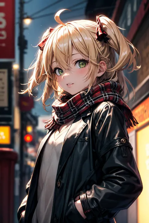 Prompt: (masterpiece), best quality, (((ultra detailed, 8k quality))), expressive eyes, perfect face, perfect anatomy, perfect body, scene, <lora:scene_:0.7>, <lora:more_details:0.7>, <lora:beautiful_detailed_eyes:0.5>, <lora:GoodHands-beta2:0.7>,blurry, blurry background, bokeh, depth of field, hair between eyes, jacket, long sleeves, looking at viewer, plaid, plaid dress, plaid jacket, plaid scarf, plaid shirt, scarf, smile, solo, unmoving pattern, street, winter, snow, one hand on pocket, v over eyes,, cross, hair_between_eyes, ahoge, bangs, two_side_up, green_eyes, long_hair, blonde_hair, iron_cross, mole, mole_under_eye, small_breasts, <lora:Admiralhipperazur:0.7>, upper body, (flat chest)
<lora:Admiral-hipper(azur):1>