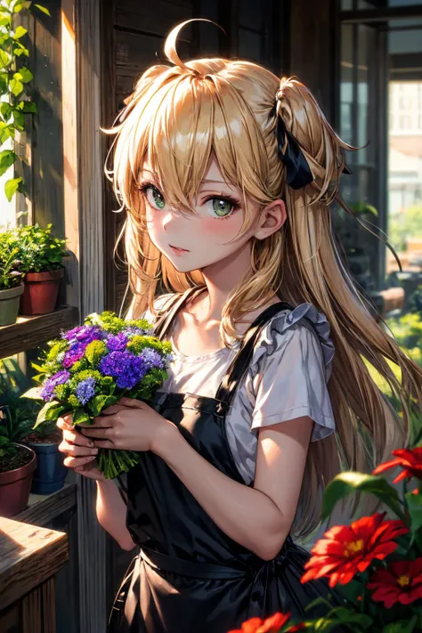 (masterpiece), best quality, (((ultra detailed, 8k quality))), expressive eyes, perfect face, perfect anatomy, perfect body, scene, <lora:scene_:0.7>, <lora:more_details:0.7>, <lora:beautiful_detailed_eyes:0.5>, <lora:GoodHands-beta2:0.7>,1girl, bangs, blinds, blonde hair, bouquet, breasts, flower, flower pot, green eyes, hair between eyes, hair ribbon, holding, holding bouquet, holding flower, indoors, long hair, looking at viewer, one side up, plant, potted plant, purple flower, ribbon, smile, solo, vase, watering can, cross, hair_between_eyes, ahoge, bangs, two_side_up, green_eyes, long_hair, blonde_hair, iron_cross, mole, mole_under_eye, small_breasts, , squat, gardener apron, , , upper body <lora:Admiral-hipper(azur):1>