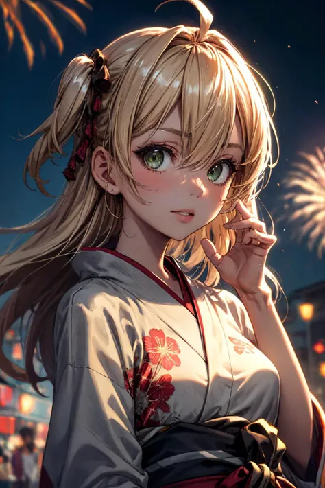 (masterpiece), best quality, (((ultra detailed, 8k quality))), expressive eyes, perfect face, perfect anatomy, perfect body, scene, <lora:scene_:0.7>, <lora:more_details:0.7>, <lora:beautiful_detailed_eyes:0.5>, <lora:GoodHands-beta2:0.7>,1girl,, hair_between_eyes, ahoge, bangs, two_side_up, green_eyes, long_hair, blonde_hair, iron_cross, mole, mole_under_eye, small_breasts,<lora:Admiral-hipper(azur):0.8>,japanese clothes, floral print,, yukata,brown eyes, brown hair , smile ,parted lips, firework, japanese festival