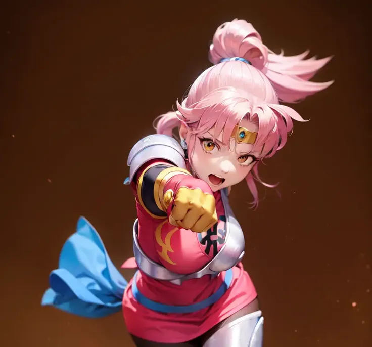 (masterpiece, best quality:1.1), (open mouth, straight-on, punching, leaning forward:1.1), maam, dragon quest, 1girl, circlet, solo, large breasts, pink hair, yellow eyes, parted bang, high ponytail, gloves, pink shirt, (light pink breast plate, light pink shoulder armor, light pink asymmetrical legwear, light pink pauldrons:1.1), white background  <lora:DQ1M:0.7>
