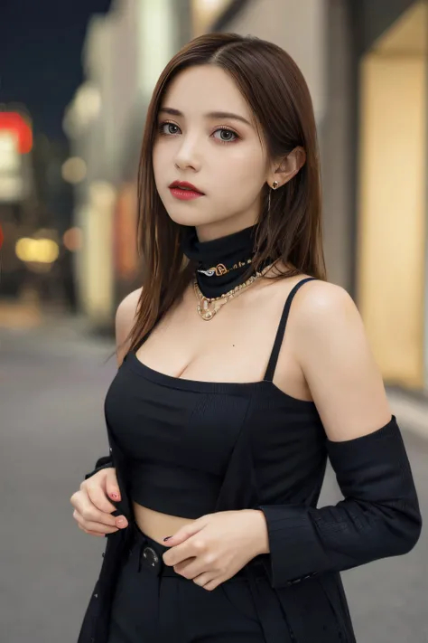 photo of beautiful (n4t3mm:0.99), a woman as a movie star, turtleneck sweater, black jacket, (trousers), movie premiere gala, dark moody ambience (masterpiece:1.2) (photorealistic:1.2) (bokeh) (best quality) (detailed skin:1.2) (intricate details) (nighttime) (8k) (HDR) (cinematic lighting) (sharp focus), ((closeup portrait:1.2)), (earrings), colorful outfit <lora:nashiki:0.6>, looking away ,(realskin:1.5), black_eyes, low_angle shot, out_door, (masterpiece,best quality:1.5), ultra realistic,32k,RAW photo,(high detailed skin:1.2), 8k uhd, dslr, soft lighting, high quality, film grain