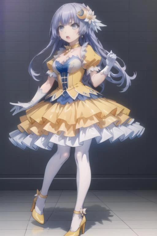 (masterpiece:1.2),best quality,high quality,original,extremely detailed wallpaper,perfect lighting,(extremely detailed CG:1.2),
angry, action pose, fireball, fighting stance, piano keys, running,
1girl,meijiu,meijiudress,white pantyhose,grey eyes,long hair,hime cut,blunt bangs,bangs,white glove,yellow dress,puffy short sleeves,puffy sleeves,crescent hair ornament,yellow high heel,leathers,standing, <lora:meijiu-anime-final:1>,
(full body:1.3), <lora:tsunako:0.5>, (masterpiece, best quality),