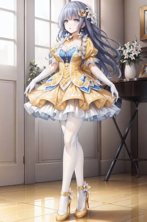(masterpiece:1.2),best quality,masterpiece,high quality,original,extremely detailed wallpaper,perfect lighting,(extremely detailed CG:1.2),
indoors,full body,
meijiu,(meijiudress:1.2),(white pantyhose:1.1),stocking,grey eyes,long hair,hime cut,blunt bangs,bangs,white glove,yellow dress,puffy short sleeves,puffy sleeves,crescent hair ornament,<lora:meijiu-fin:0.7>,high heels,