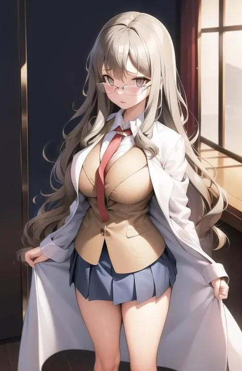 masterpiece, high quality, best quality, high resolution, 4k, high definition, beautiful lighting,highly detailed face, well drawn hands, well drawn legs,well drawn feet,well drawn eyes,1girl,futaba,grey hair, long hair, glasses,brown eyes,big breasts, minegahara school uniform, (((brown blazer))), red tie, blue skirt, <lora:futaba_rio-03:1>,standing, (((white labcoat)))