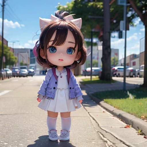 Big head doll,big head, small body, Mini Body,top-heavy,cute,Doll Body,Short hands, short feet,Short legs,
(masterpiece:1.331), best quality,
1 girl,
white skirt,white shoes,Knee socks,backpack,car,
grass