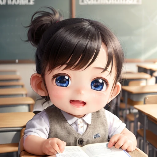 masterpiece, best quality,Big head doll,big head, small body, Mini Body,top-heavy,cute,Doll Body,Short hands, short feet,Short legs,1boy sit in classroom, smile,<lora:bigHeadDoll_v01:0.66>