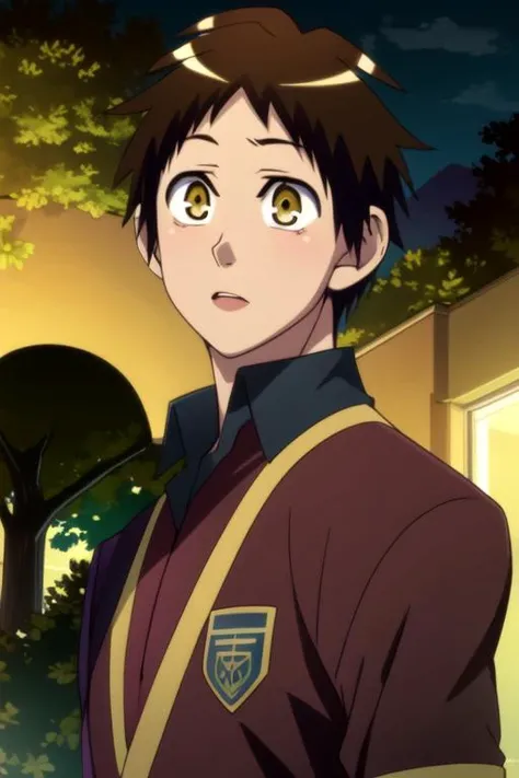 (best quality:1.1), (masterpiece:1.4), photorealistic, , upper body, depth of field, , , 1boy, solo, male focus, <lora:asahi_kuromine:0.96>, asahi_kuromine, brown hair, yellow eyes, , french costume, The Vale of Shadows: A dark and foreboding valley where no sunlight ever penetrates, HD