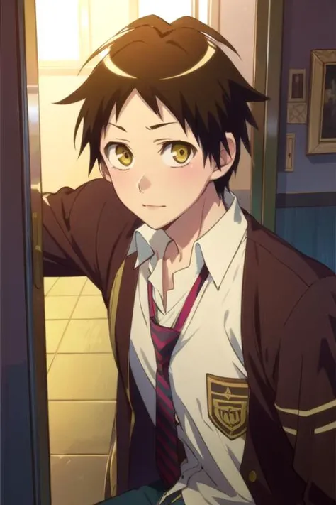 (best quality:1.1), (masterpiece:1.4), photorealistic, looking at viewer, , , anime coloring, , 1boy, solo, male focus, <lora:asahi_kuromine:0.74>, asahi_kuromine, brown hair, yellow eyes, , gangster costume, ,