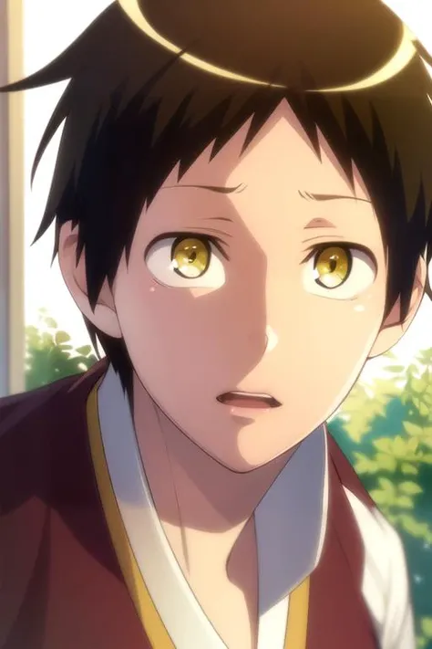 photorealistic, (4k), depth of field, (Masterpiece), (realistic skin texture), extremely detailed, intricate, hyper detailed, high resolution, professional photography, , depth of field, sharp detail, best quality, looking at viewer, 1boy, solo, male focus, <lora:asahi_kuromine:0.96>, asahi_kuromine, brown hair, yellow eyes, short hair, , feudal japan, 12k resolution