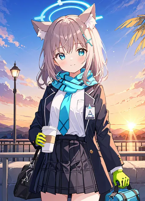 breathtaking,shiroko \(blue archive\), 1girl, solo, animal ear fluff, green gloves, fringe trim, hair ornament, pleated skirt, white shirt, looking at viewer, open jacket, long sleeves, closed mouth, blush, black skirt, single glove, blue scarf, sky, cloud, halo, sunset, school bag, outdoors, disposable cup, school uniform, smile, black jacket, holding cup, standing, blue necktie, blazer, plaid skirt
<lora:Shiroko_v1:0>  <lora:Shiroko_v2:1> . gorgeous,key visual, vibrant, studio anime,award-winning, professional, highly detailed,high budget, cinemascope