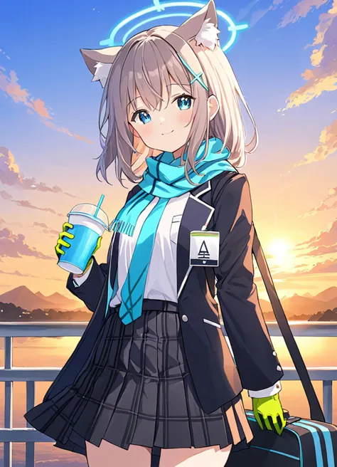 breathtaking,shiroko \(blue archive\), 1girl, solo, animal ear fluff, green gloves, fringe trim, hair ornament, pleated skirt, white shirt, looking at viewer, open jacket, long sleeves, closed mouth, blush, black skirt, single glove, blue scarf, sky, cloud, halo, sunset, school bag, outdoors, disposable cup, school uniform, smile, black jacket, holding cup, standing, blue necktie, blazer, plaid skirt
<lora:Shiroko_v1:0>  <lora:Shiroko_v2:1> . gorgeous,key visual, vibrant, studio anime,award-winning, professional, highly detailed,high budget, cinemascope