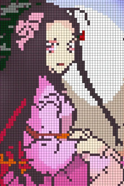 girl,kamado nezuko,1girl,solo,pink eyes,multicolored hair,hair ribbon,pink kimono, <lora:Nezuko-alternative:0.25>,closed mouth, smile, <lora:pixelate-03:1.1>