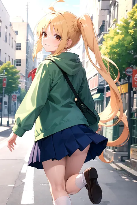 <lora:ijichi_nijika_1:0.7> in1, side ponytail, long hair, ahoge, white shirt, school uniform, blue skirt, long sleeves, red bow, white socks, green jacket, standing on one leg, from behind, floating, outdoors, smile, masterpiece, best quality, highres, <lora:GoodHands-vanilla:1> nice hands, perfect hands
