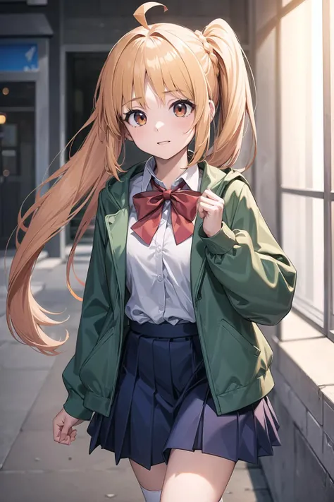 (masterpiece), best quality, highres, 4k, 1girl, solo, <lyco:GoodHands-beta2:1.0>nice hands, <lora:Mild detail adjusterV10_4:0.5>
in1, side ponytail, long hair, ahoge, white shirt, school uniform, blue skirt, long sleeves, red bow, white socks, green jacket <lora:ijichi_nijika_1:0.7>