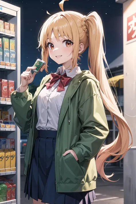 (masterpiece), best quality, highres, 4k, 1girl, solo, <lyco:GoodHands-beta2:1.0>nice hands, <lora:Mild detail adjusterV10_4:0.5>
in1, side ponytail, long hair, ahoge, white shirt, school uniform, blue skirt, long sleeves, red bow, white socks, green jacket <lora:ijichi_nijika_1:0.7>smile,night,vending machine, hand in pocket,