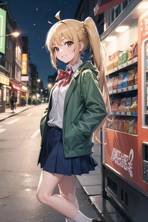 (masterpiece), best quality, highres, 4k, 1girl, solo, <lyco:GoodHands-beta2:1.0>nice hands, <lora:Mild detail adjusterV10_4:0.5>
in1, side ponytail, long hair, ahoge, white shirt, school uniform, blue skirt, long sleeves, red bow, white socks, green jacket <lora:ijichi_nijika_1:0.7>smile,night,street, vending machine, hand in pocket,