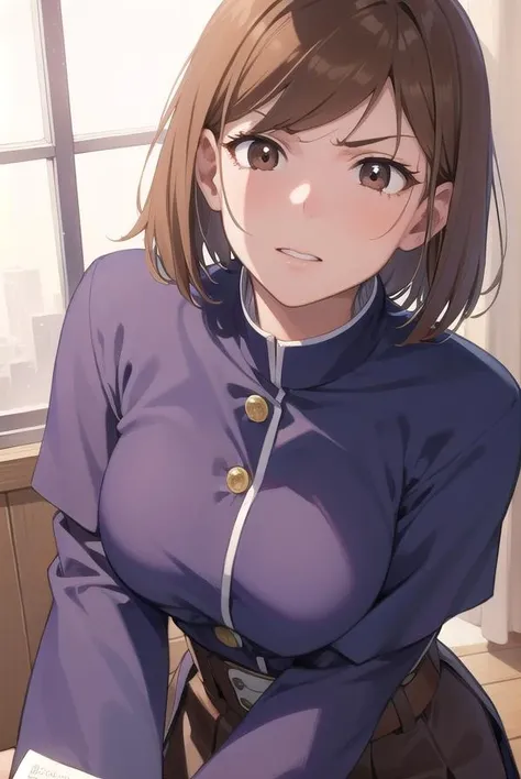 Highest quality, High resolution,8k、Beautiful Face、Perfect Face、One person、On the red bed、（（Doing the squatting pose、Having sex in the cowgirl position））、A large amount of semen is applied、expression（Oho face）、Climax、blush（1.9）、Sweat（1.9）、Wet（1.9）、Vulgarity（1.2），steam、Dark brown hair（）、Giant Eyes、dark brown eyes,Short Hair, Mole under eye, Huge breasts（（0.9）Chest is bobbing up and down、There is an afterimage on my breasts）, bangs（）, Cleavage, clavicle,Big Butt， indoor、Bedroom,Kugisaki Nobara/ JUJUTSU KAİSEN (NSFW/SFW,anime、Hair clip、School uniform cosplay（Black shirt、Black mini skirt、Exposing her breasts、Exposed nipples）、White knee sock high socks（Digging into the thighs）、｛Angle gazing at breasts from the front｝ 　　　　　　　One person黒人男性，naked、Big Penis、（A man is having sex in the cowgirl position ）