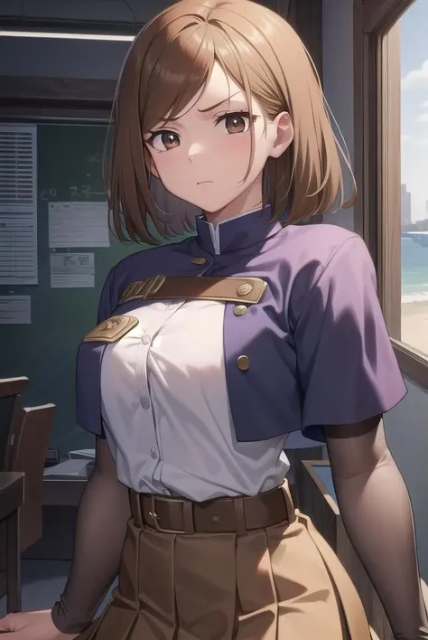 nobarakugisaki, <lora:nobarakugisaki-lora-nochekaiser:1>,
nobara kugisaki, bob cut, (brown eyes:1.7), brown hair, lips, short hair, half-closed eyes, angry,
BREAK belt, brown belt, brown pantyhose, crop top, crop top overhang, jujutsu tech uniform, pantyhose, pleated skirt, shirt tucked in, skirt, blue skirt, blue crop top,
BREAK looking at viewer,
BREAK indoors, classroom,
BREAK <lyco:GoodHands-beta2:1>, (masterpiece:1.2), best quality, high resolution, unity 8k wallpaper, (illustration:0.8), (beautiful detailed eyes:1.6), extremely detailed face, perfect lighting, extremely detailed CG, (perfect hands, perfect anatomy),