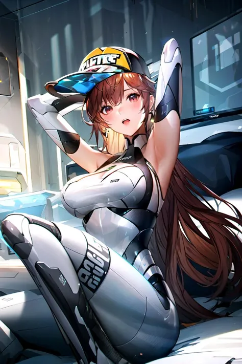 Imperial Guard Combat Uniform Swimsuit, o-ring bikini, v gundam, swimsuit, absurdres, highres, solo, cowboy shot, 1girl, neneka nibrou \(cosplay\), wristband, headphone, holster, backpack, holding gun, aiming, perfect hands, wind, (highres,best_quality,masterpiece), small breast, srw_bertha, twin tails, orange hair, orange eyes, smile, happy trance