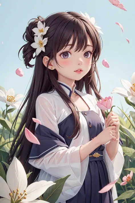1 girl,flower,petal, <lora:mogumogu:1>
