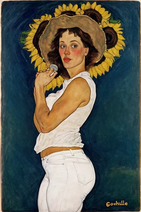 1woman, sunflowers, ((by EgonSchiele)),
long black hair, mexican, curvy, wide hips, playing guitar,singing,white shirt,blue pants,
Asian-Less:1.5, <lora:EgonSchiele_Style_v01:0.6>