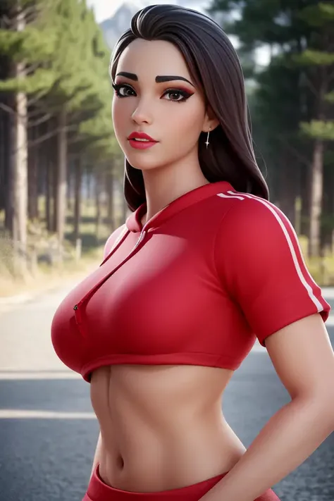 xyzruby <lora:Ruby:0.6>, wearing red clothes, red_pants, sports bra, (realistic:1.5), posing, outdoors, mountain view, forest, trees, octane render, ambient occlusion, nose, solo focus, 1girl, makeup, mascara, long hair, earrings, long hair, lips, ((sweatshirt))