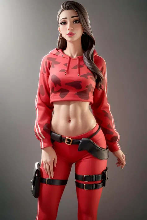 1girl <lora:Ruby2:0.5>, earrings, red camo sweatshirt, red_legwear, long hair, brown hair, mascara, nose lips, standing, midriff, naval, holster, earrings, (realistic:1.5)