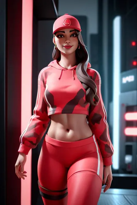 1girl, beautiful, <lora:Ruby2:0.7>, smirk, wearing a red hat, earrings, red camo, red sweatshirt, red leggings, long hair, brown hair, mascara, nose lips, standing, midriff, naval, earrings, (realistic:1.5), cyberpunk, neon city, neon lights, 3d, cgi, volumetric lightning, white sclera, brown eyes