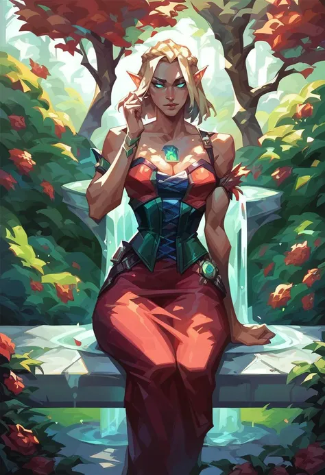 score_8_up, score_7_up, cowboy shot of elf woman sitting on bench in park, head rest, ornate red dress with green gems, corset, blonde, braid, glowing eyes, makeup, wide hips, tree, sunlight, flowers, fountain on background, <lora:sxz-valorant-smol-v2-pdxl:0.8> valorant style