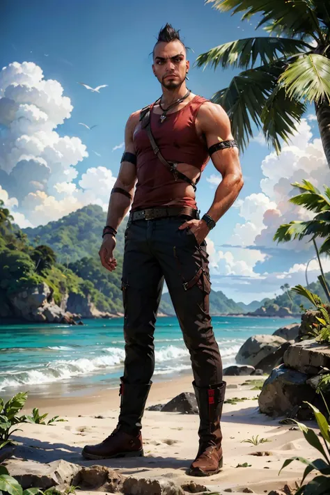 VaasFar, male, black hair, pants, boots,red shirt,  looking at viewer, angry, serious, full body shot, 
standing, beach, jungle, ocean, blue sky, extreme detail, hdr, beautiful quality, masterpiece,<lora:VaasFar:.7>