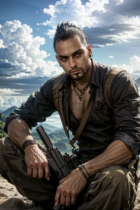 VaasFar, 1boy, male focus, solo, weapon, gun, handgun, jewelry, facial hair, sitting, black hair, realistic, beard, cloud
<lora:epi_noiseoffset2:1>, <lora:VaasFar:0.7>