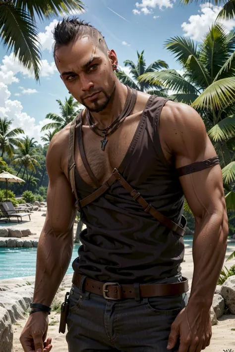 VaasFar, male focus, 1boy, solo, facial hair, jewelry, dark skin, realistic, dark-skinned male, beard, necklace, tank top, earrings, brown eyes, day
<lora:epi_noiseoffset2:1>,   <lora:VaasFar:0.7>