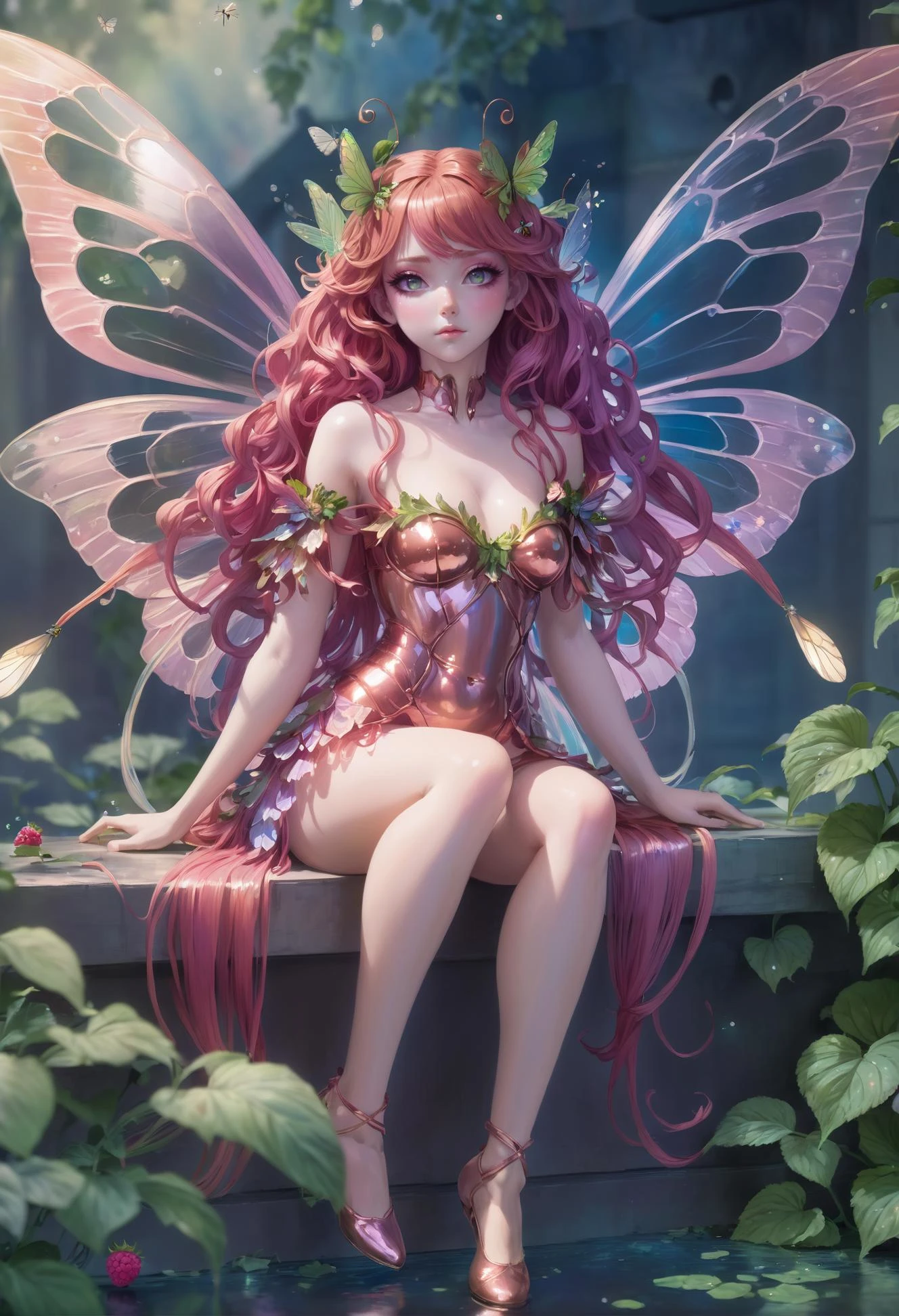 (highly detailed hands, hand model:1.4), anime style, Raspberry fairy queen,insect wings, see-through gossamer, depressed, in a European town, bombshell hair, deep copper hair, curly hair, long hair, sitting on shoulder<lora:EnvyFairyQueenXL01a:1>