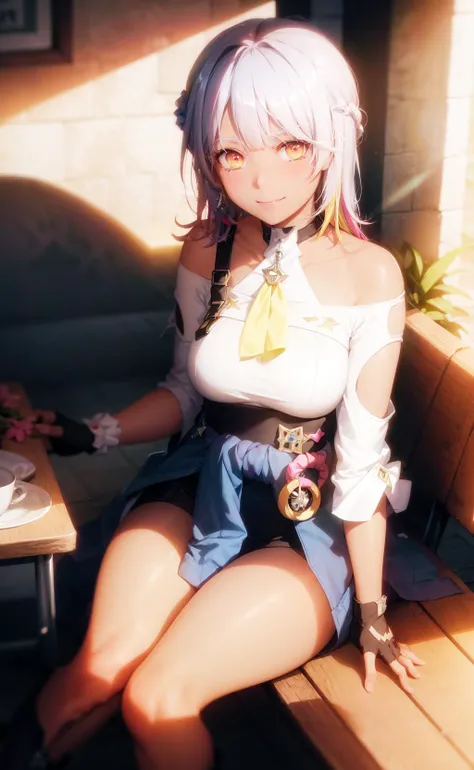 (masterpiece:1.2), best quality, absurdres illustration, 8k, realistic shadows, volumetric lighting, (cute:1.1), ambient lighting, colorful, cowboy shot, textured skin, blush, beautiful detailed shadows, light rays, skindentation, long eyelashes, beautiful detailed eyes, ultra-realistic, realistic, perfect pupils, holographic, incidence of light, cinematic lighting,
light smile, cafe, outdoors, plants, street, chair, desk, sun, parasol,
Carole_Peppers, 1girl, jacket around waist, solo, fingerless gloves, bangs, dark-skinned female, sitting, bare shoulders, boots, yellow eyes, sitting, thighs