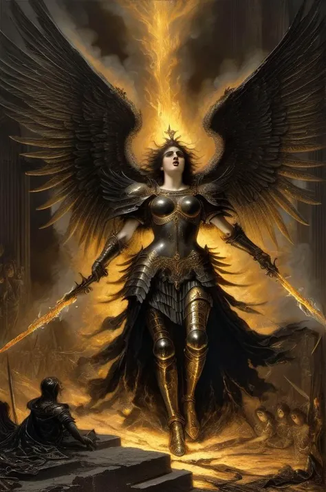 , <lora:Gustave Dore Style:1> Gustave Doré Style ,, epic female warrior on fire ablaze in black and gold armor with angel wings, horror christian cathedral, nighttime, 
dungeons and dragons,
dungeons and dragons,