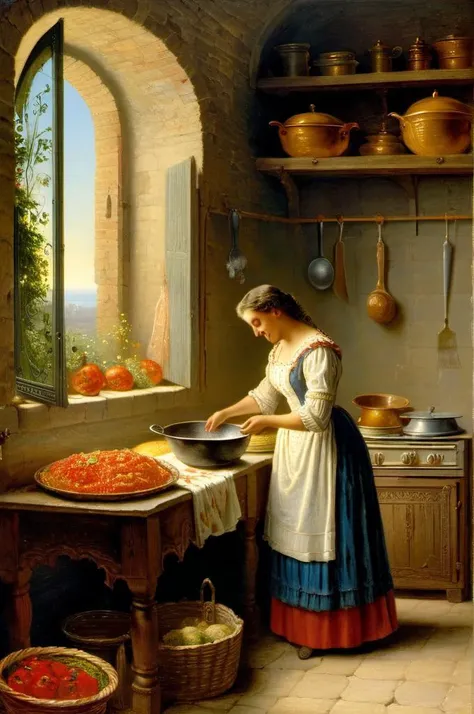 , <lora:Gustave Dore Style:1> Gustave Doré Style ,, A highly detailed mother in her kitchen preparing meal, window sunny day, happy, smiling,
